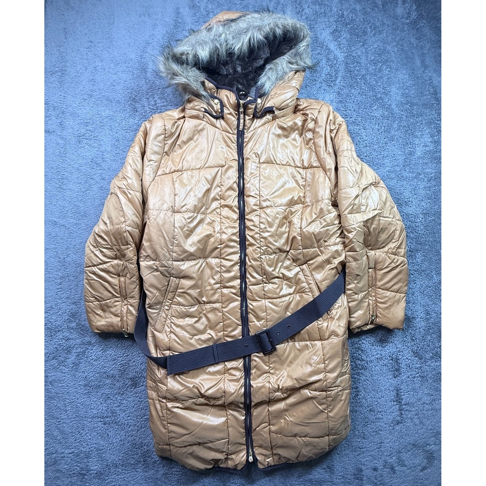 Jessica London Puffer Winter Coat Faux Fur Trim Belted NWT Womens 26 Tan Gold